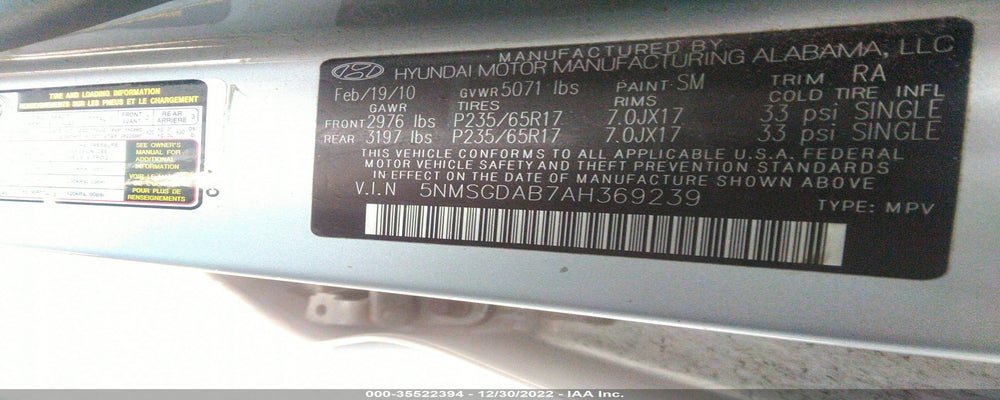 5NMSGDAB7AH369239 2010 HYUNDAI SANTA FE photo no. 9