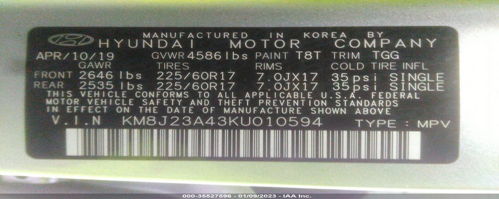 KM8J23A43KU010594 2019 HYUNDAI TUCSON photo no. 9