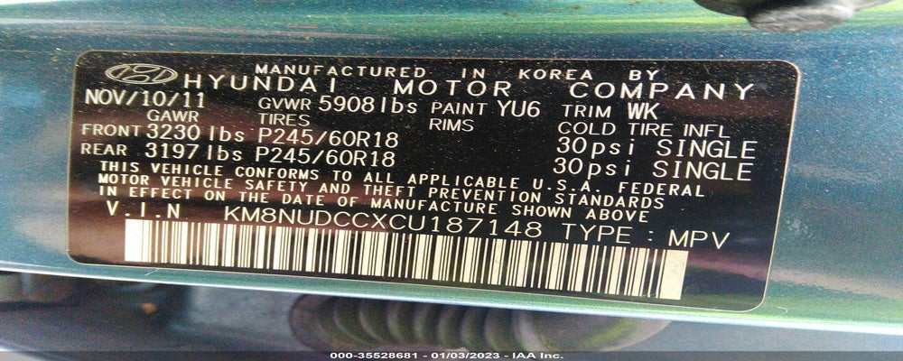 KM8NUDCCXCU187148 2012 HYUNDAI VERACRUZ photo no. 9