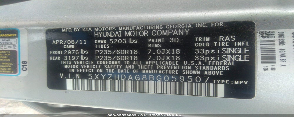 5XYZHDAG8BG059507 2011 HYUNDAI SANTA FE photo no. 9