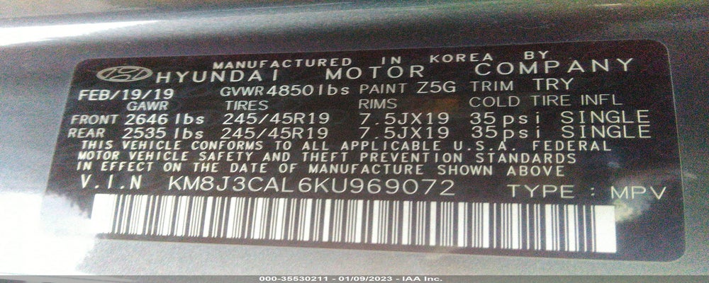 KM8J3CAL6KU969072 2019 HYUNDAI TUCSON photo no. 9