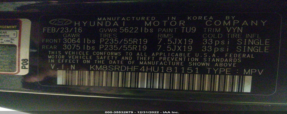 KM8SRDHF4HU181151 2017 HYUNDAI SANTA FE photo no. 9
