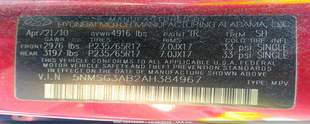 5NMSG3AB2AH384967 2010 HYUNDAI SANTA FE photo no. 9