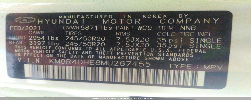 KM8R4DHE8MU287455 2021 HYUNDAI PALISADE photo no. 9
