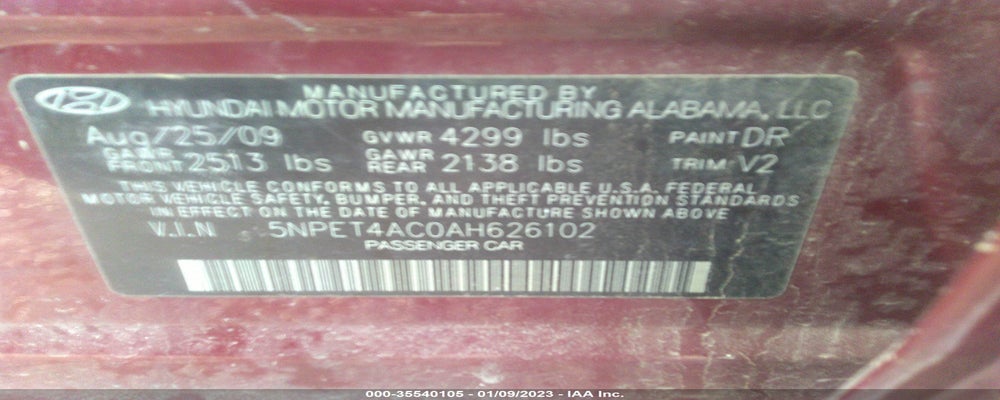 5NPET4AC0AH626102 2010 HYUNDAI SONATA photo no. 9