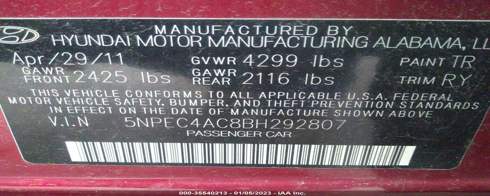 5NPEC4AC8BH292807 2011 HYUNDAI SONATA photo no. 9