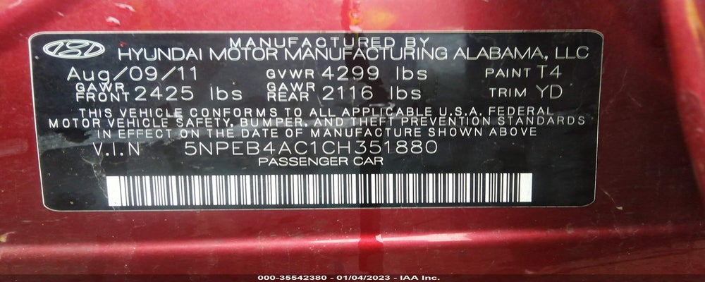 5NPEB4AC1CH351880 2012 HYUNDAI SONATA photo no. 9