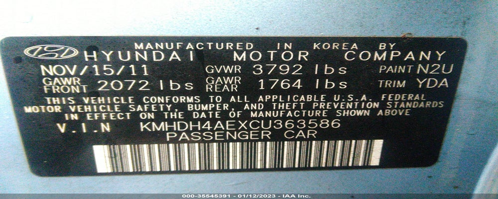 KMHDH4AEXCU363586 2012 HYUNDAI ELANTRA photo no. 9