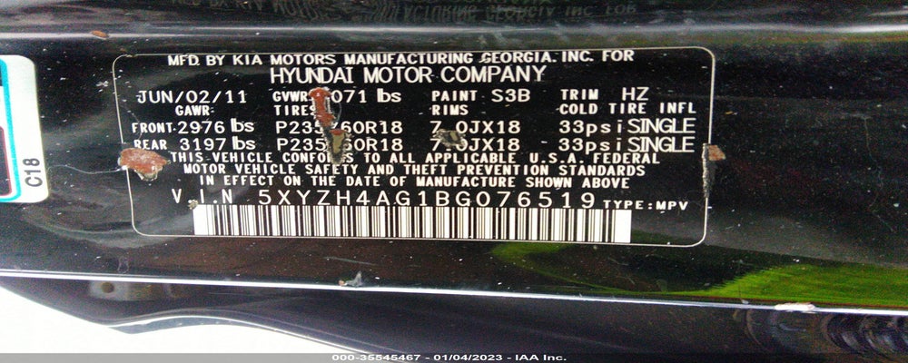 5XYZH4AG1BG076519 2011 HYUNDAI SANTA FE photo no. 9
