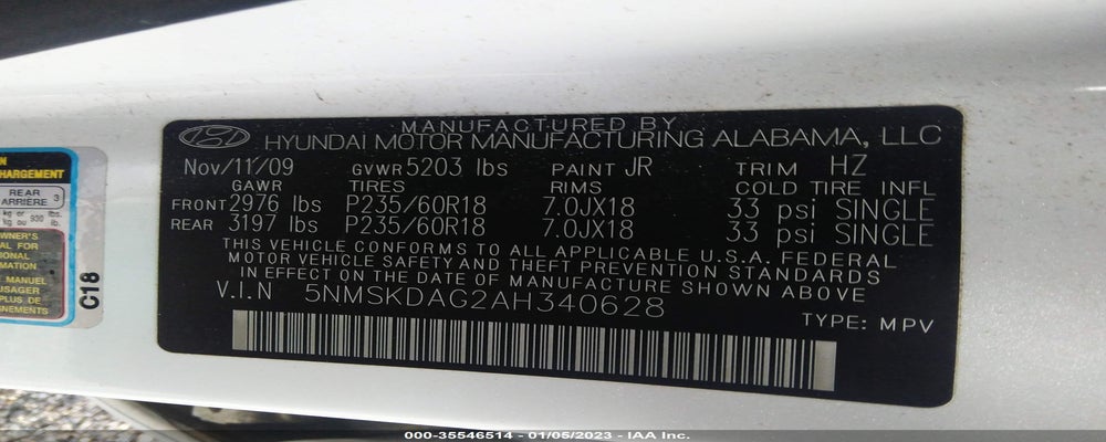 5NMSKDAG2AH340628 2010 HYUNDAI SANTA FE photo no. 9