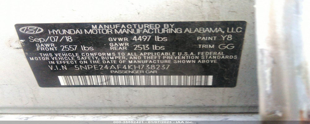 5NPE24AF4KH738237 2019 HYUNDAI SONATA photo no. 9