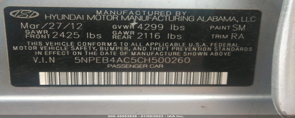 5NPEB4AC5CH500260 2012 HYUNDAI SONATA photo no. 9