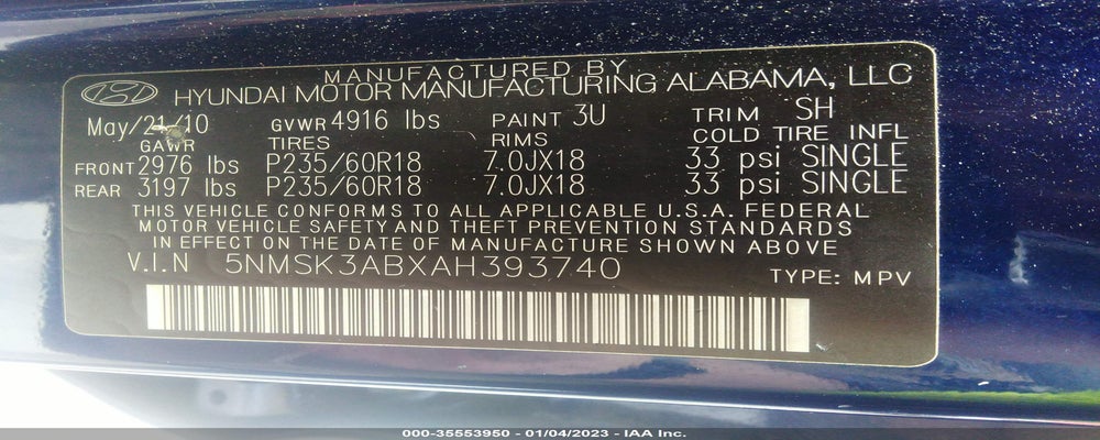 5NMSK3ABXAH393740 2010 HYUNDAI SANTA FE photo no. 9
