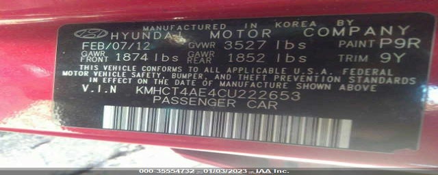 KMHCT4AE4CU222653 2012 HYUNDAI ACCENT photo no. 9