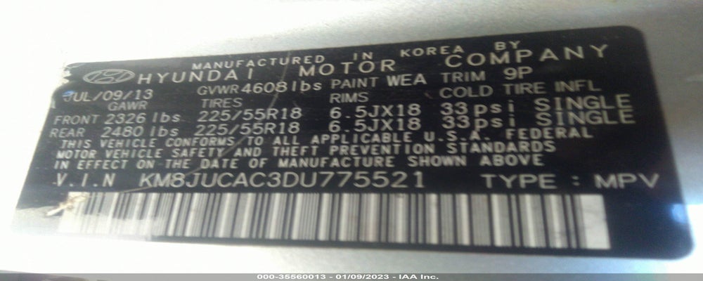 KM8JUCAC3DU775521 2013 HYUNDAI TUCSON photo no. 9