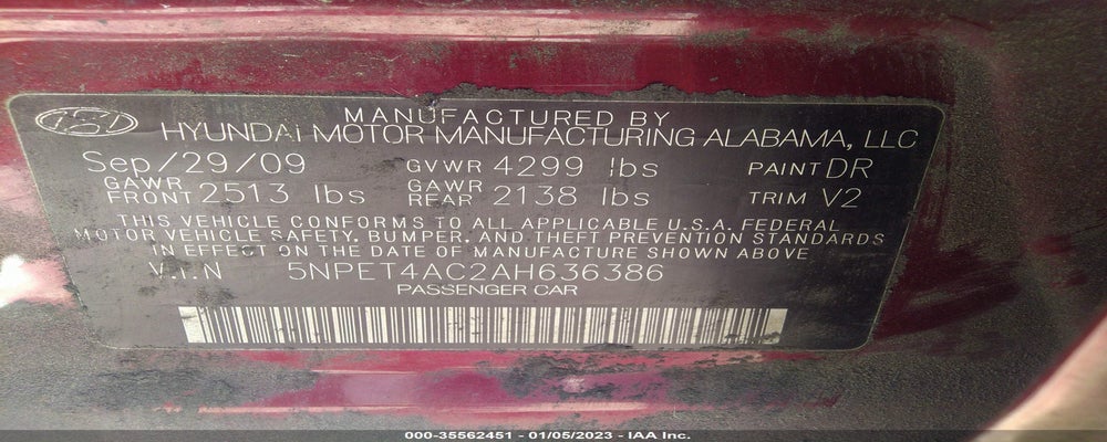 5NPET4AC2AH636386 2010 HYUNDAI SONATA photo no. 9
