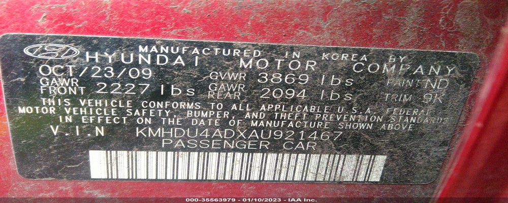 KMHDU4ADXAU921467 2010 HYUNDAI ELANTRA photo no. 9