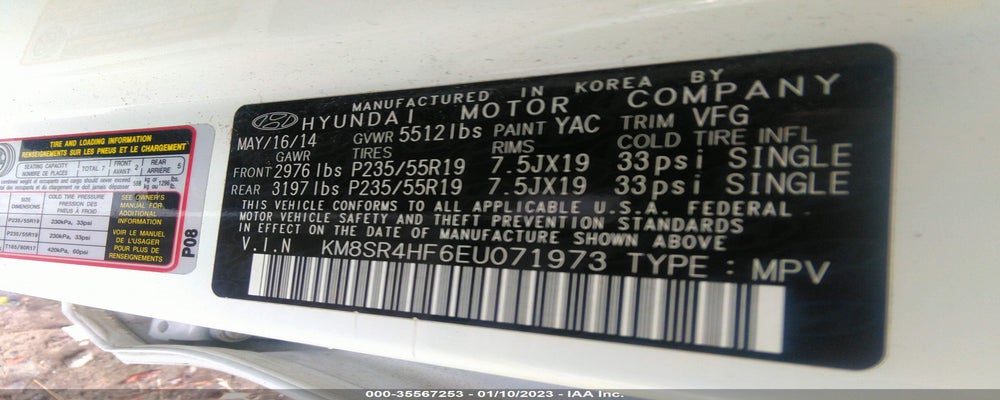 KM8SR4HF6EU071973 2014 HYUNDAI SANTA FE photo no. 9