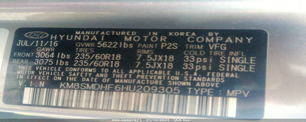 KM8SMDHF6HU209305 2017 HYUNDAI SANTA FE photo no. 9