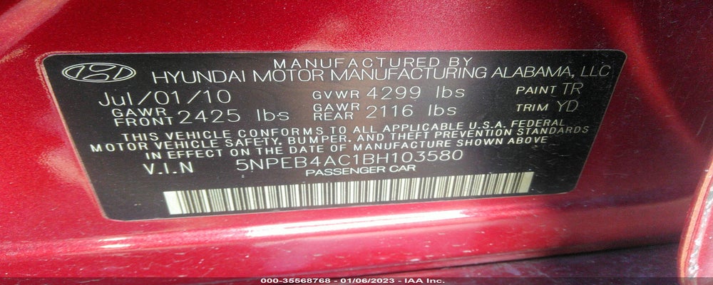 5NPEB4AC1BH103580 2011 HYUNDAI SONATA photo no. 9