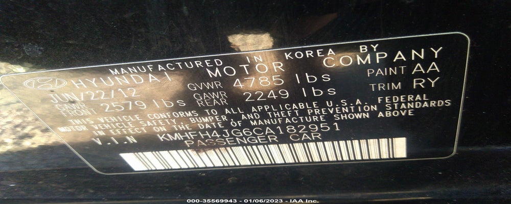 KMHFH4JG6CA182951 2012 HYUNDAI AZERA photo no. 9