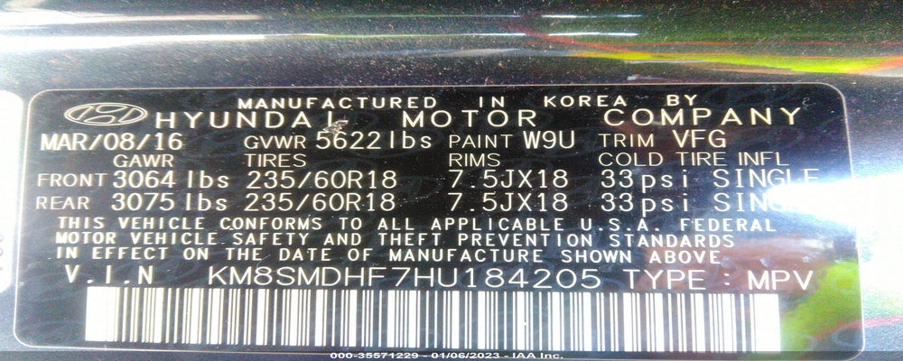 KM8SMDHF7HU184205 2017 HYUNDAI SANTA FE photo no. 9