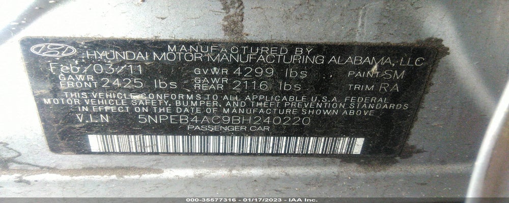 5NPEB4AC9BH240220 2011 HYUNDAI SONATA photo no. 9