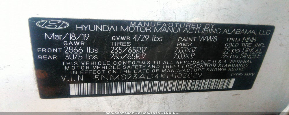 5NMS23AD4KH102829 2019 HYUNDAI SANTA FE photo no. 9