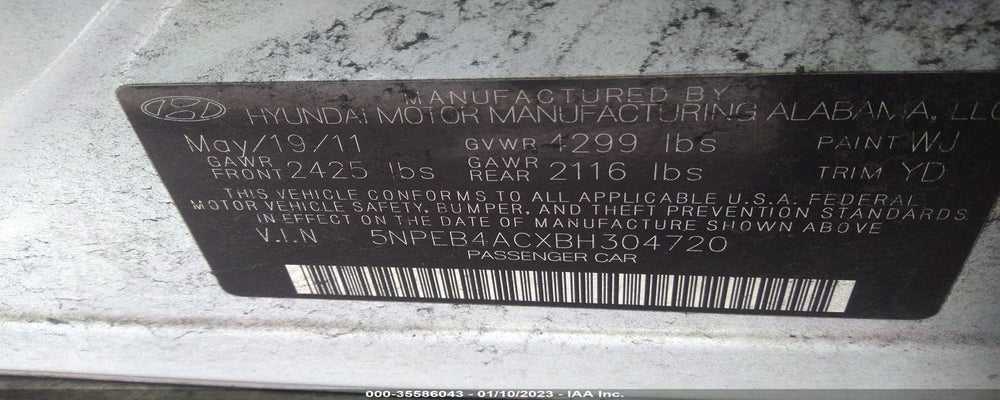 5NPEB4ACXBH304720 2011 HYUNDAI SONATA photo no. 9