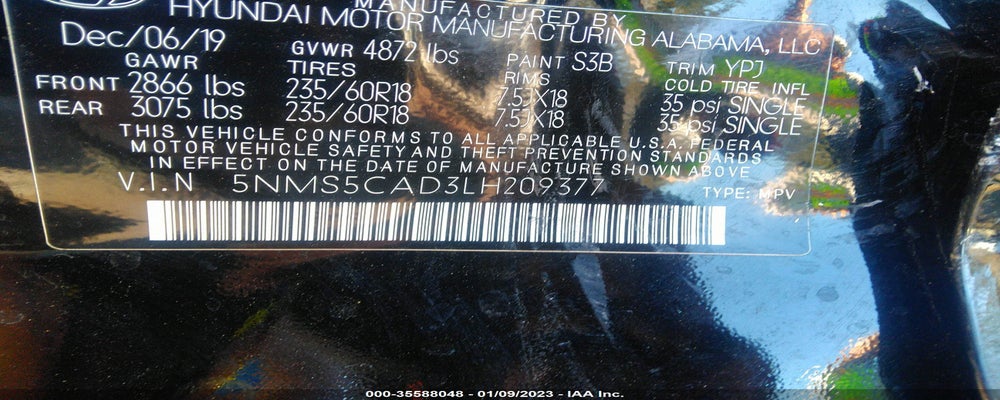 5NMS5CAD3LH209377 2020 HYUNDAI SANTA FE photo no. 9