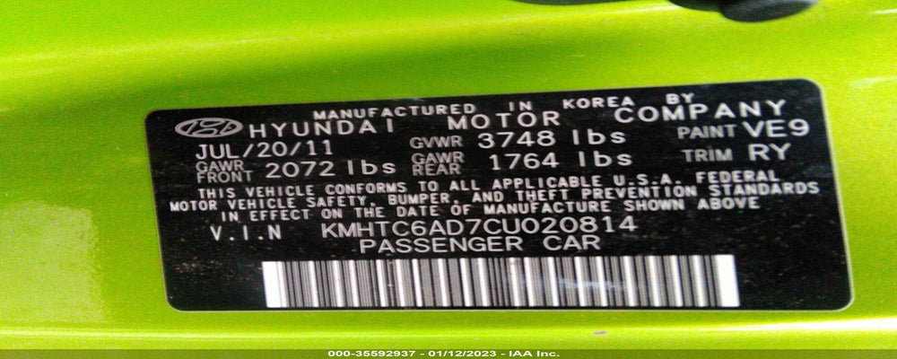 KMHTC6AD7CU020814 2012 HYUNDAI VELOSTER photo no. 9