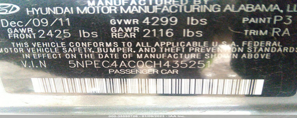 5NPEC4AC0CH435251 2012 HYUNDAI SONATA photo no. 9