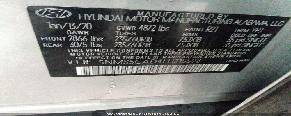 5NMS5CAD4LH215592 2020 HYUNDAI SANTA FE photo no. 9