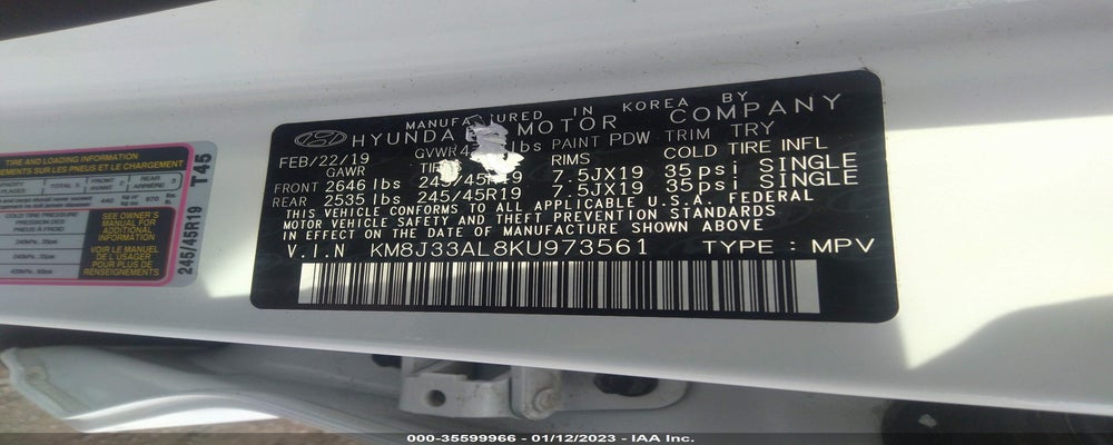 KM8J33AL8KU973561 2019 HYUNDAI TUCSON photo no. 9