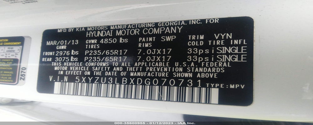 5XYZU3LBXDG070731 2013 HYUNDAI SANTA FE photo no. 9