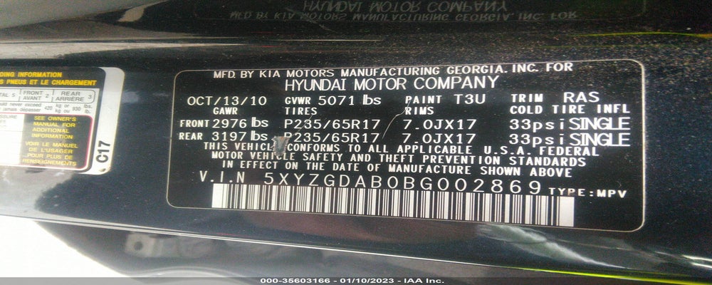 5XYZGDAB0BG002869 2011 HYUNDAI SANTA FE photo no. 9