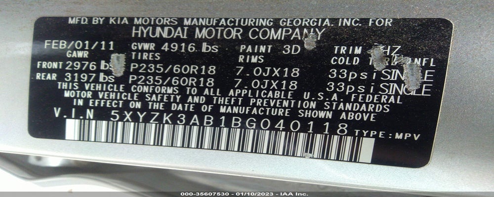 5XYZK3AB1BG040118 2011 HYUNDAI SANTA FE photo no. 9