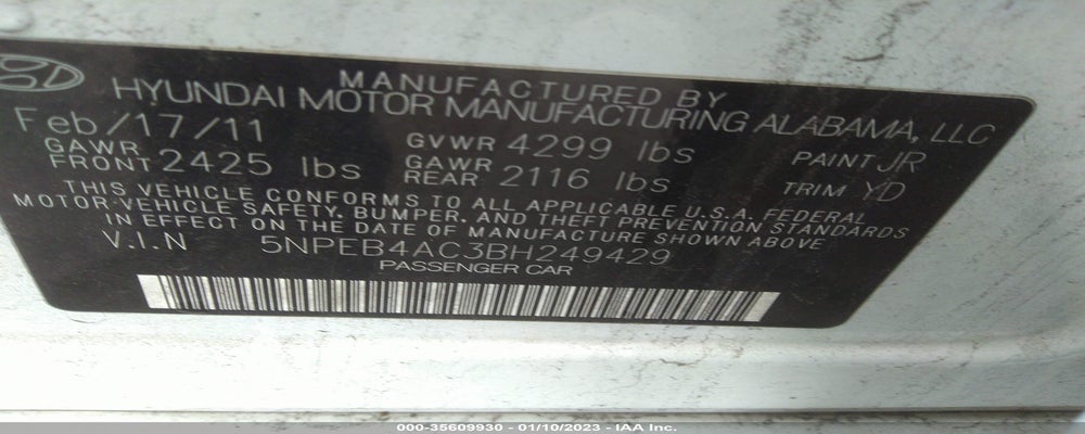 5NPEB4AC3BH249429 2011 HYUNDAI SONATA photo no. 9