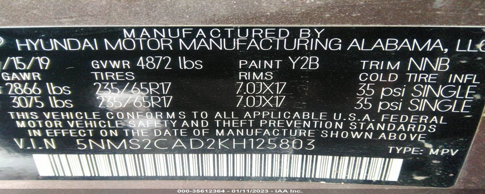 5NMS2CAD2KH125803 2019 HYUNDAI SANTA FE photo no. 9