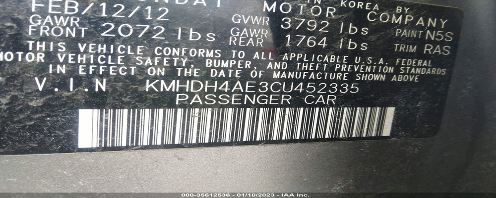 KMHDH4AE3CU452335 2012 HYUNDAI ELANTRA photo no. 9