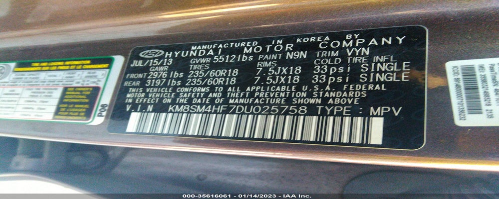 KM8SM4HF7DU025758 2013 HYUNDAI SANTA FE photo no. 9