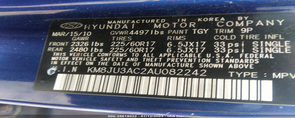 KM8JU3AC2AU082242 2010 HYUNDAI TUCSON photo no. 9