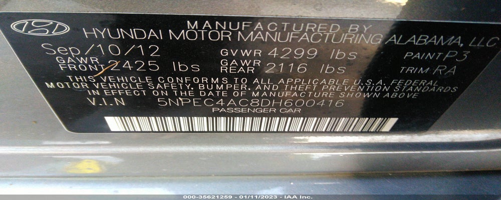 5NPEC4AC8DH600416 2013 HYUNDAI SONATA photo no. 9