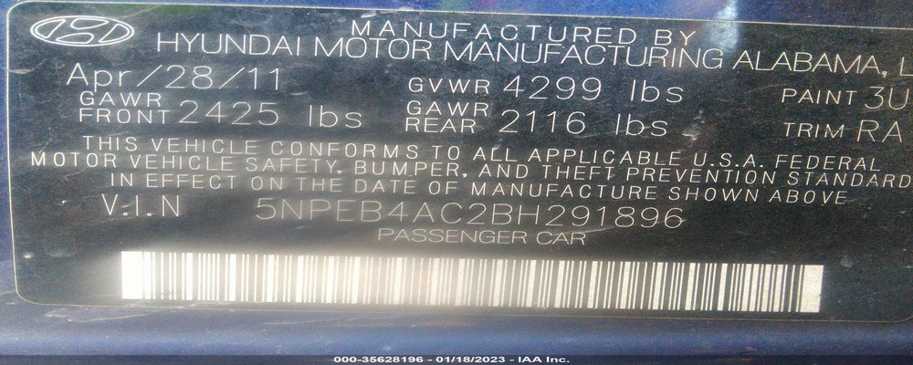 5NPEB4AC2BH291896 2011 HYUNDAI SONATA photo no. 9