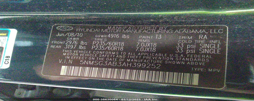 5NMSG3AB3AH399252 2010 HYUNDAI SANTA FE photo no. 9