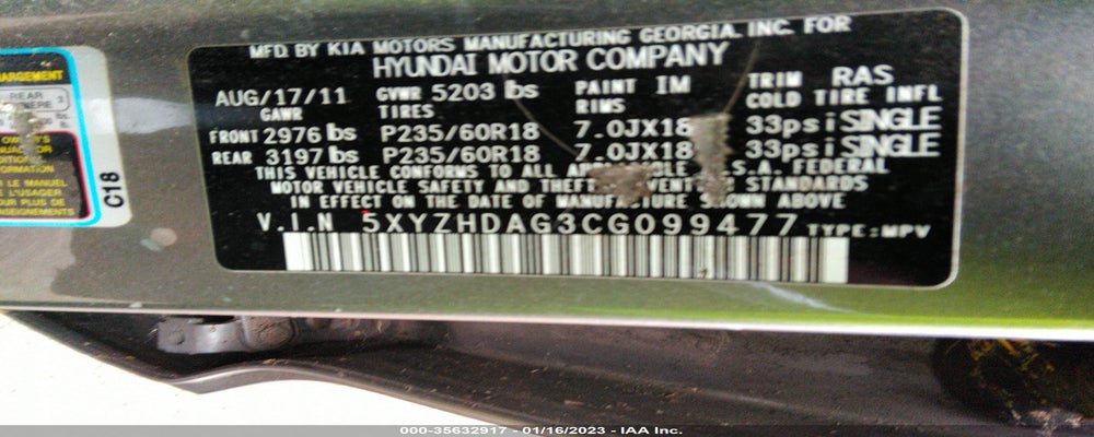 5XYZHDAG3CG099477 2012 HYUNDAI SANTA FE photo no. 9