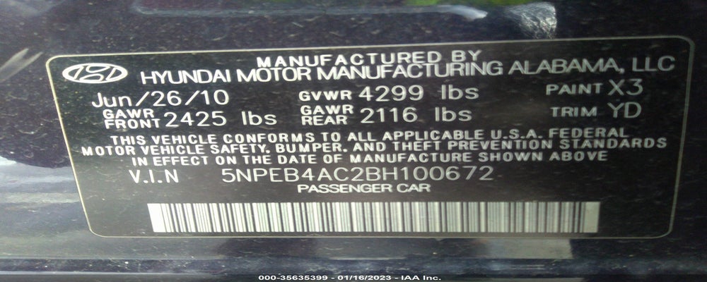 5NPEB4AC2BH100672 2011 HYUNDAI SONATA photo no. 9