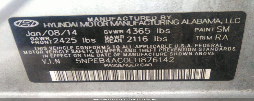 5NPEB4AC0EH876142 2014 HYUNDAI SONATA photo no. 9