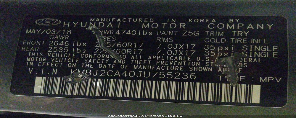 KM8J2CA40JU755236 2018 HYUNDAI TUCSON photo no. 9