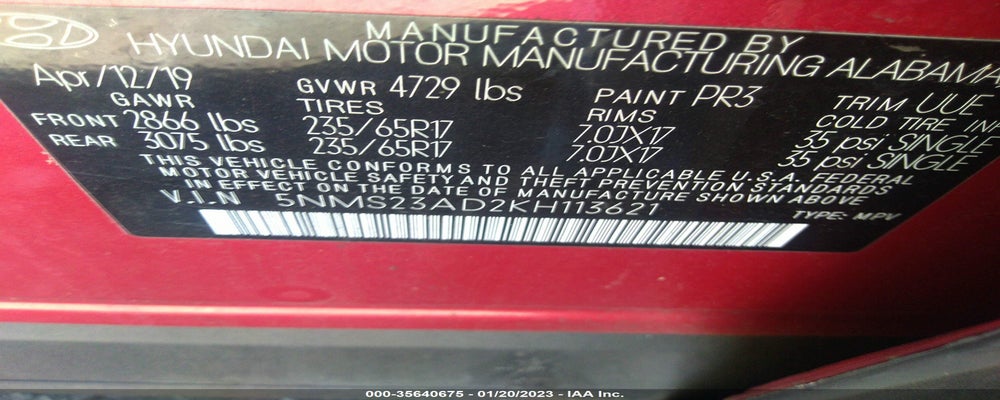 5NMS23AD2KH113621 2019 HYUNDAI SANTA FE photo no. 9